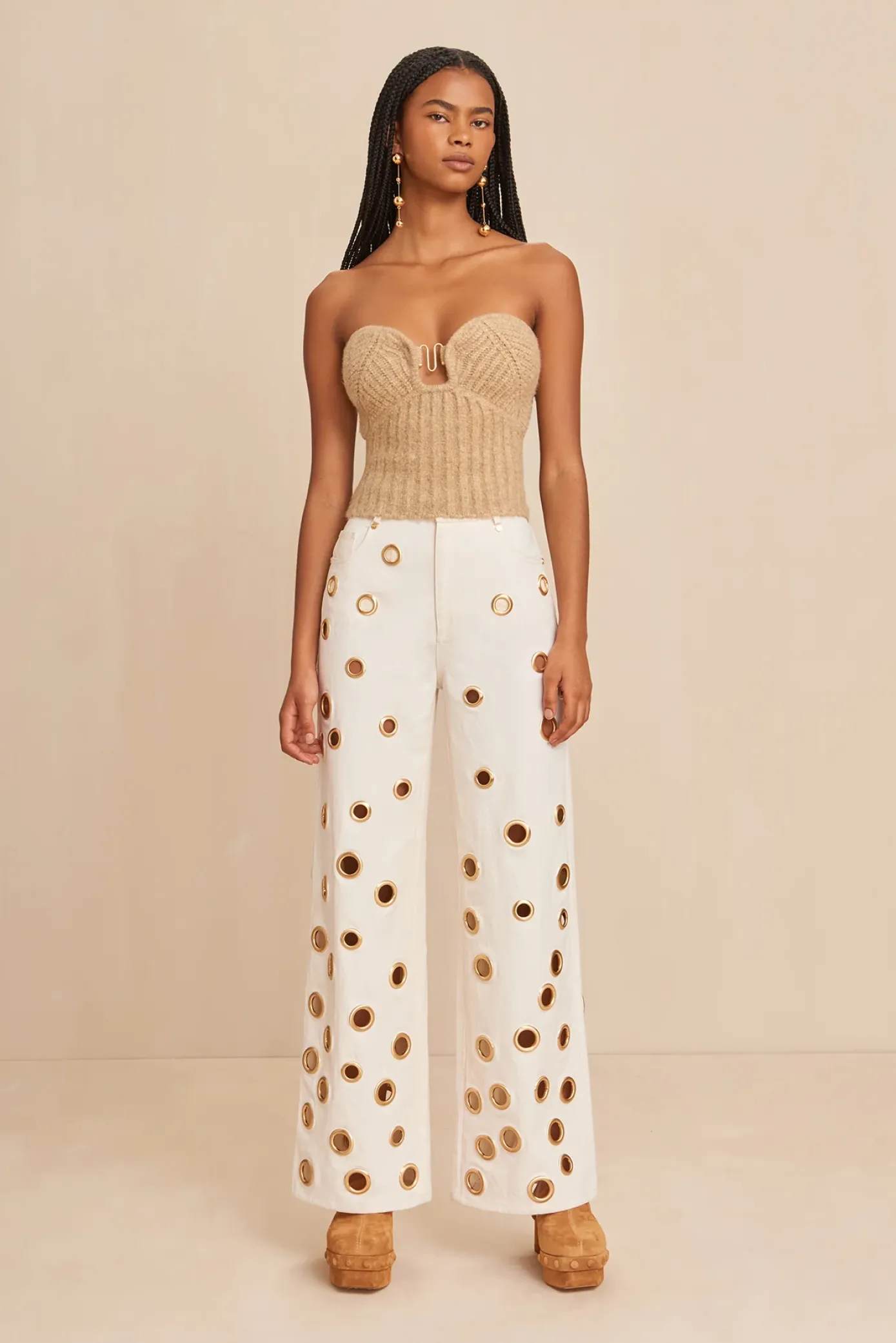 Cult Gaia Tops|Knits>ELLISON KNIT TOP - MELANGE Champagne