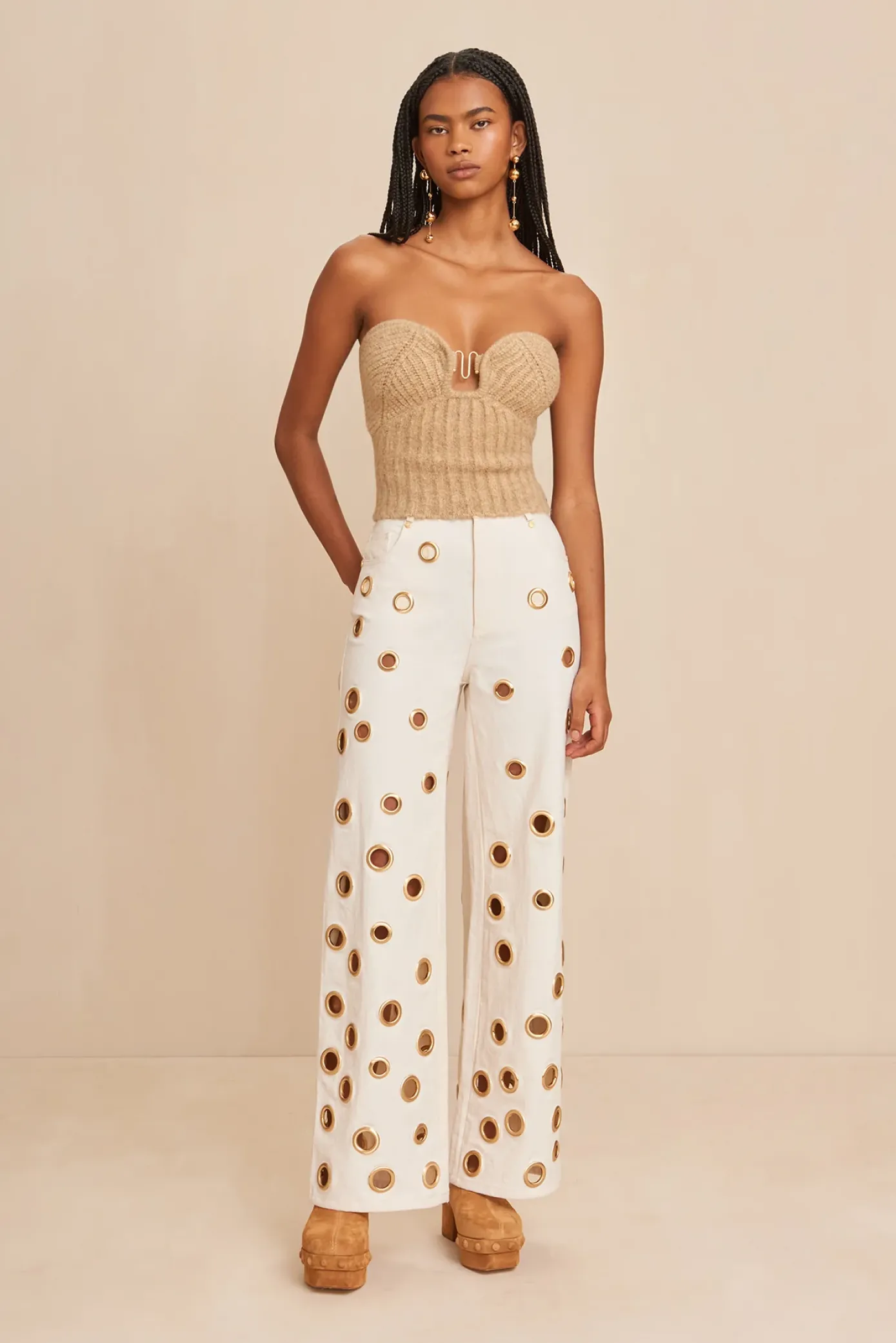 Cult Gaia Tops|Knits>ELLISON KNIT TOP - MELANGE Champagne